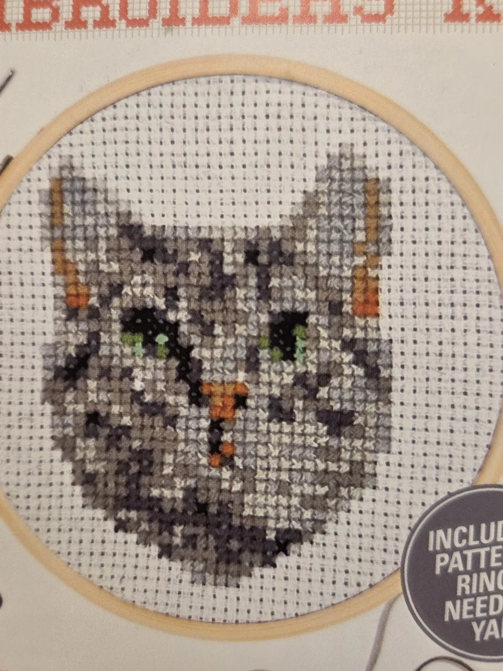 Kikkerland Mini Cross Stitch Kit - Gray Cat with Green Eyes